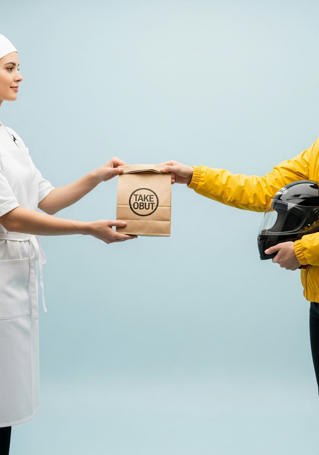 A delivery rider handing over a food order