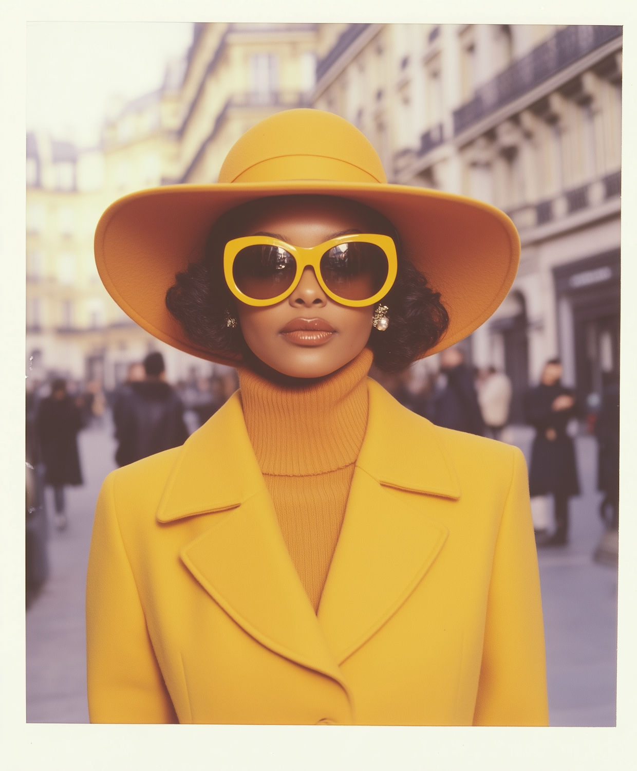 A creator in a bold yellow outfit styling a look on a city street