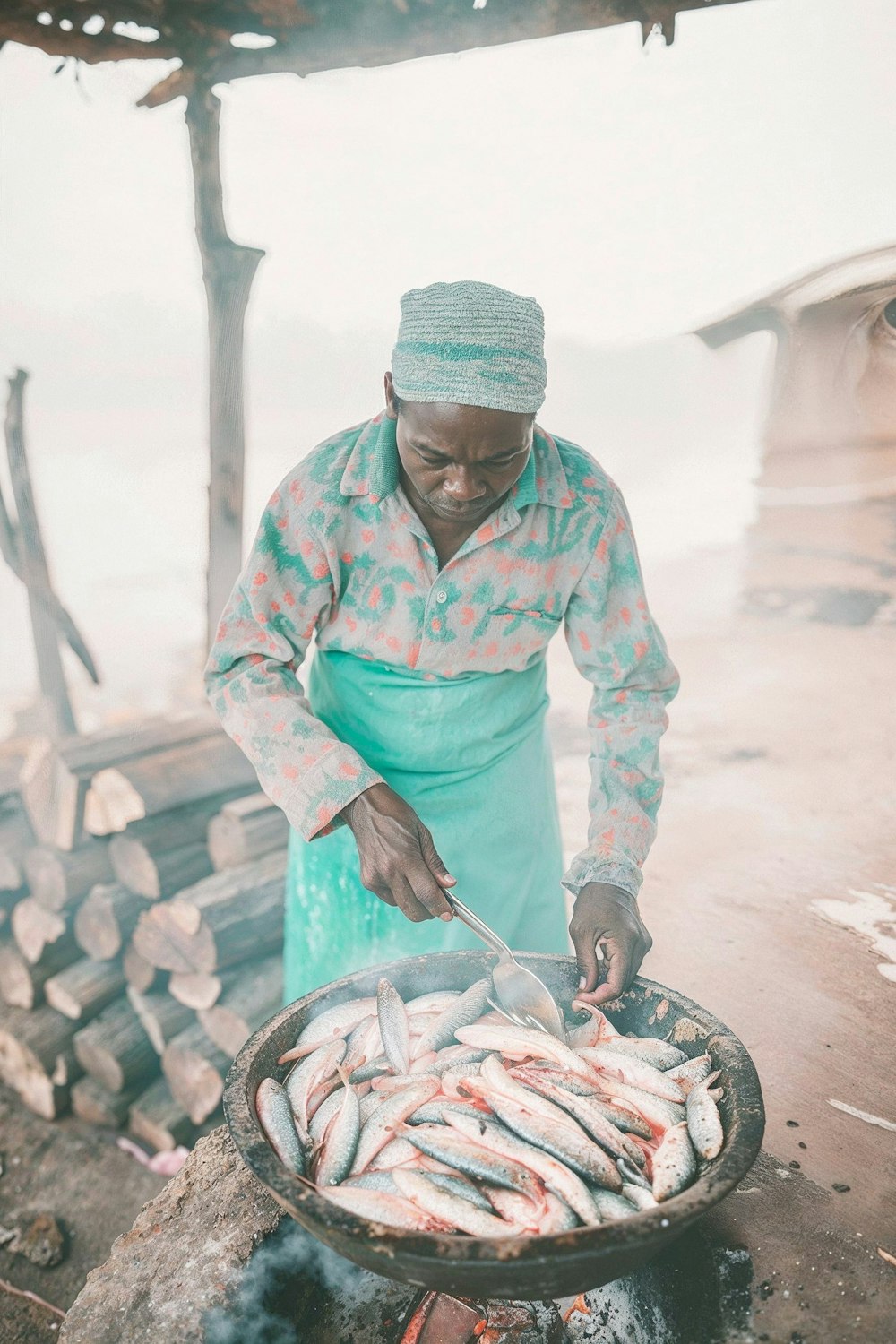 A food vendor grilling to order at their stall