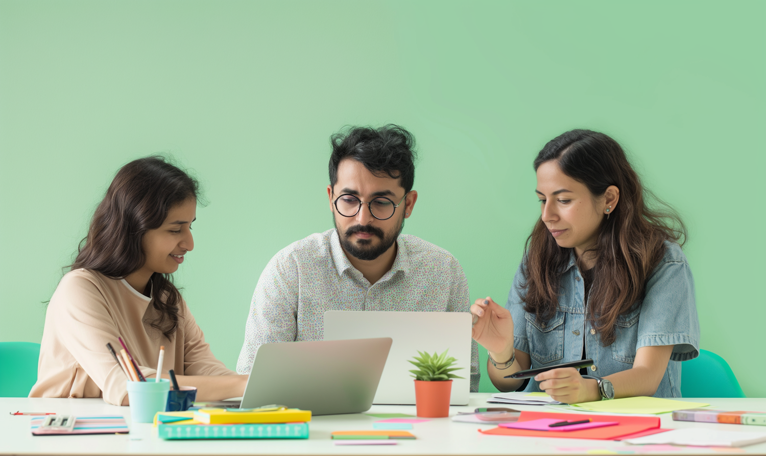 A team testing connectivity on laptops together